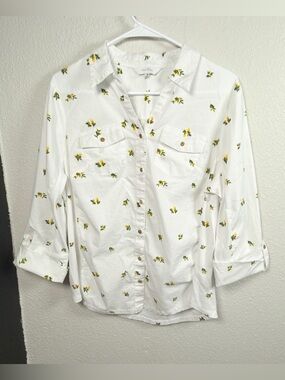 Coral Bay White Shirt with Yellow Floral Sprigs and Green Leaves